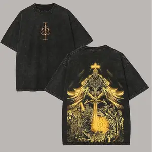Vintage Washed Black Double-Sided Golden Divine Knight & Mythic Warriors Graphic Streetwear T-Shirt | Heavyweight Cotton Oversized Grunge Gothic Aesthetic Unisex Casual Tee