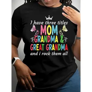 [100% Cotton] Women'S T-Shirt with "Mom, Grandma & Great Grandma" Letter Print, Casual Crew Neck Short Sleeve Top, Knit Fabric, All Season Comfort, Black  Golf Gift T-Shirt For Men and Women