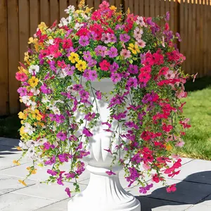 8PCS Artificial Hanging Fake Flowers Set for Outdoor Decoration Faux Silk Flowers Plants for Outdoor Outside Planter UV Resistant Daisy with Eucalyptus Leaves, Porch Front Door Patio Balcony Yard Décor