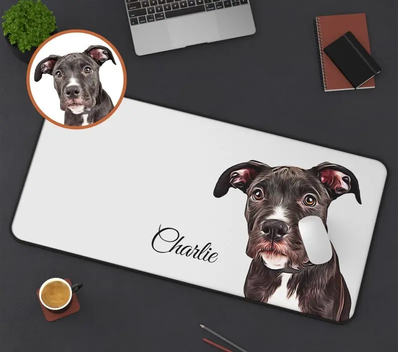 Pet Desk Mat with Custom Portrait Personalized Name Dog Cat Non Slip Computer Gadget PC Office Decor Accessory Coworker Gift Idea