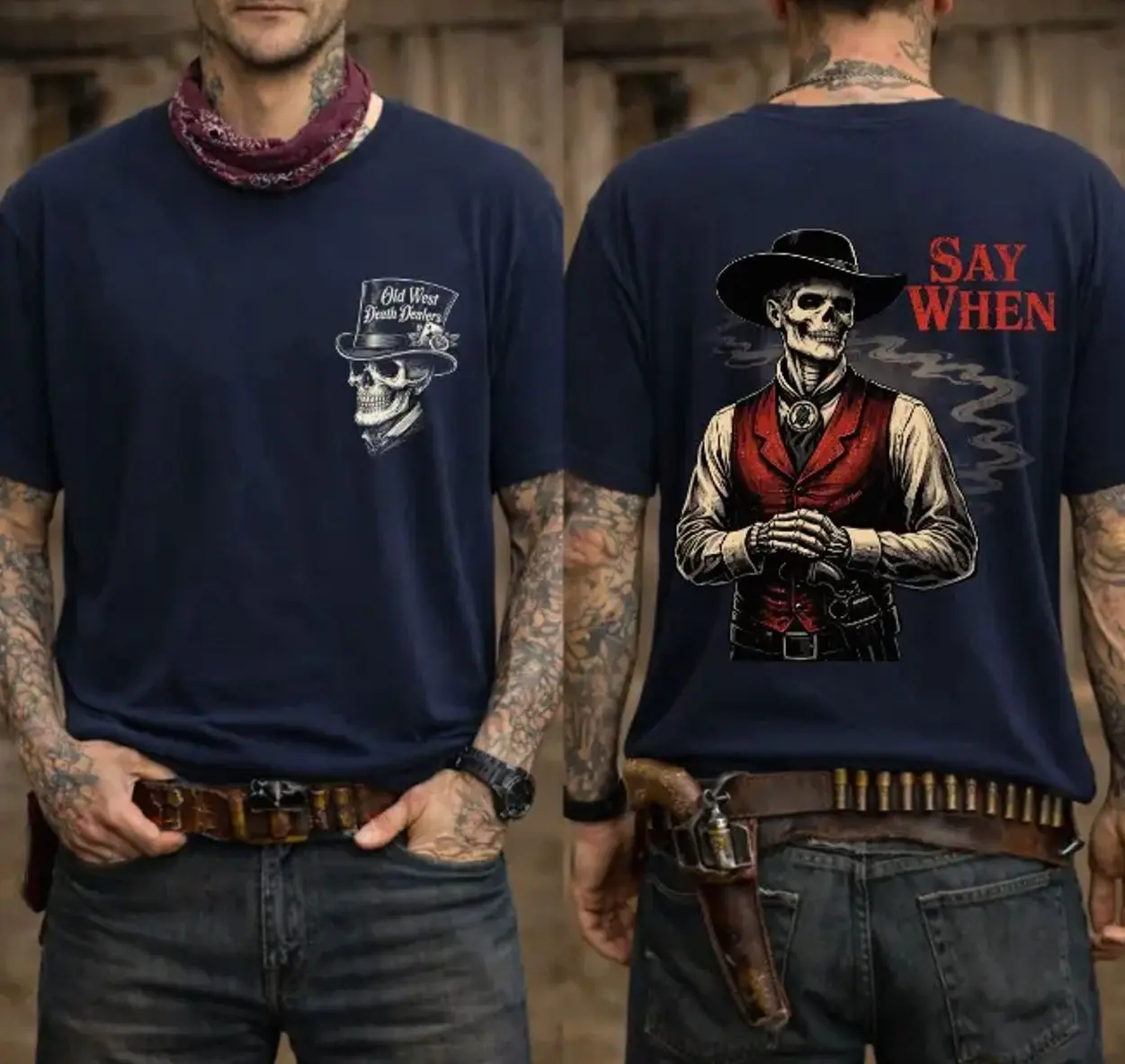 Vintage Old West Cowboy Graphic T-Shirt, Ghost Town Western Tee, Retro Full Color Unisex Casual Streetwear
