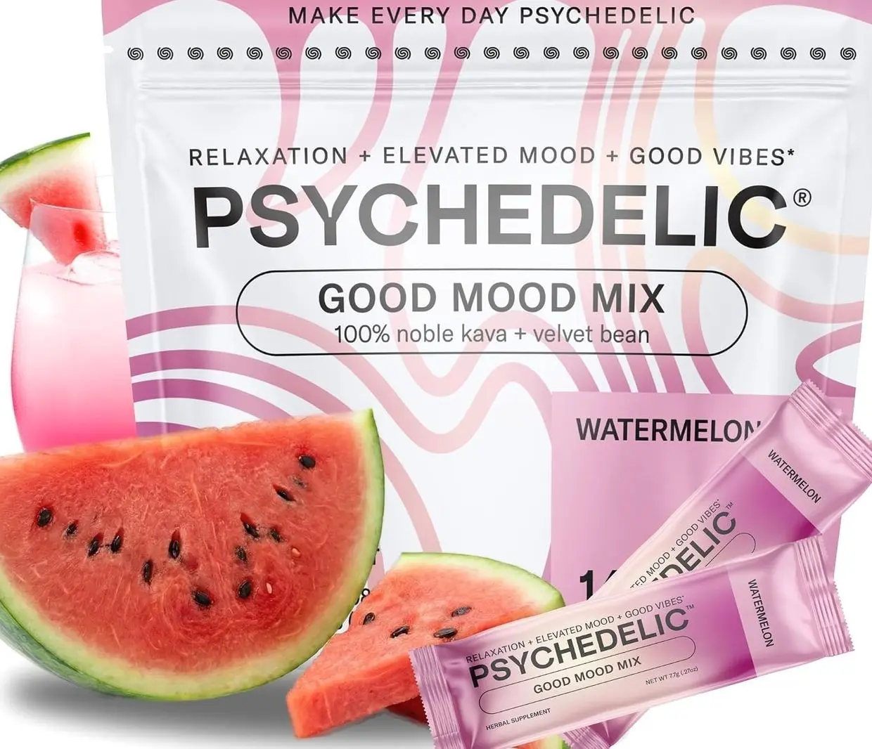 Good Mood Mix - Watermelon - Powder Packets - Calming Kava Drink Mix - Easy Open Single-Serving - Flavored Kava powder - Mucuna Pruriens - Stevia - Non Alcoholic Adaptogen Mocktails - 14 Stick