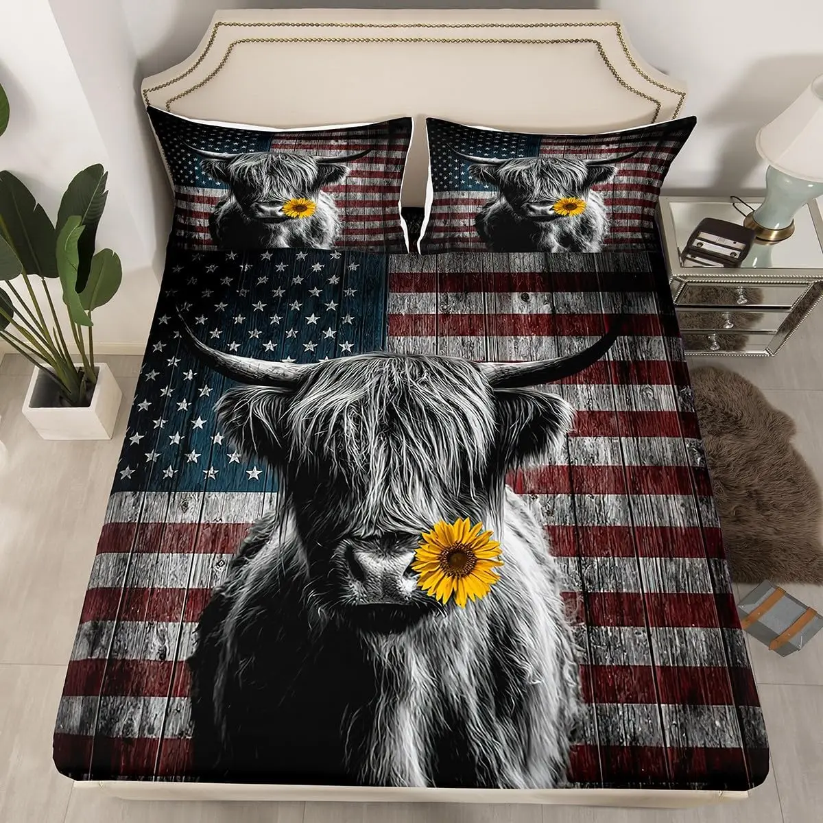 Highland Cattle Bed Sheet Set Highland Cow America Flag Bed Sheets Sunflower Bedding Fitted Sheet Animal Bed Cover 1 Bed Sheets