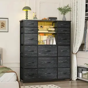 51"H Tall Dresser With 15 Drawers, Dresser For Bedroom With LED Lights & Hutch Sturdy Fabric Bedroom Dresser, Steel Frame, Wood Top, 51.2"H X 39.3"W X 11.8"D, Mother's Day Decor, Room Decor, Home Decor, Black Wood Grain