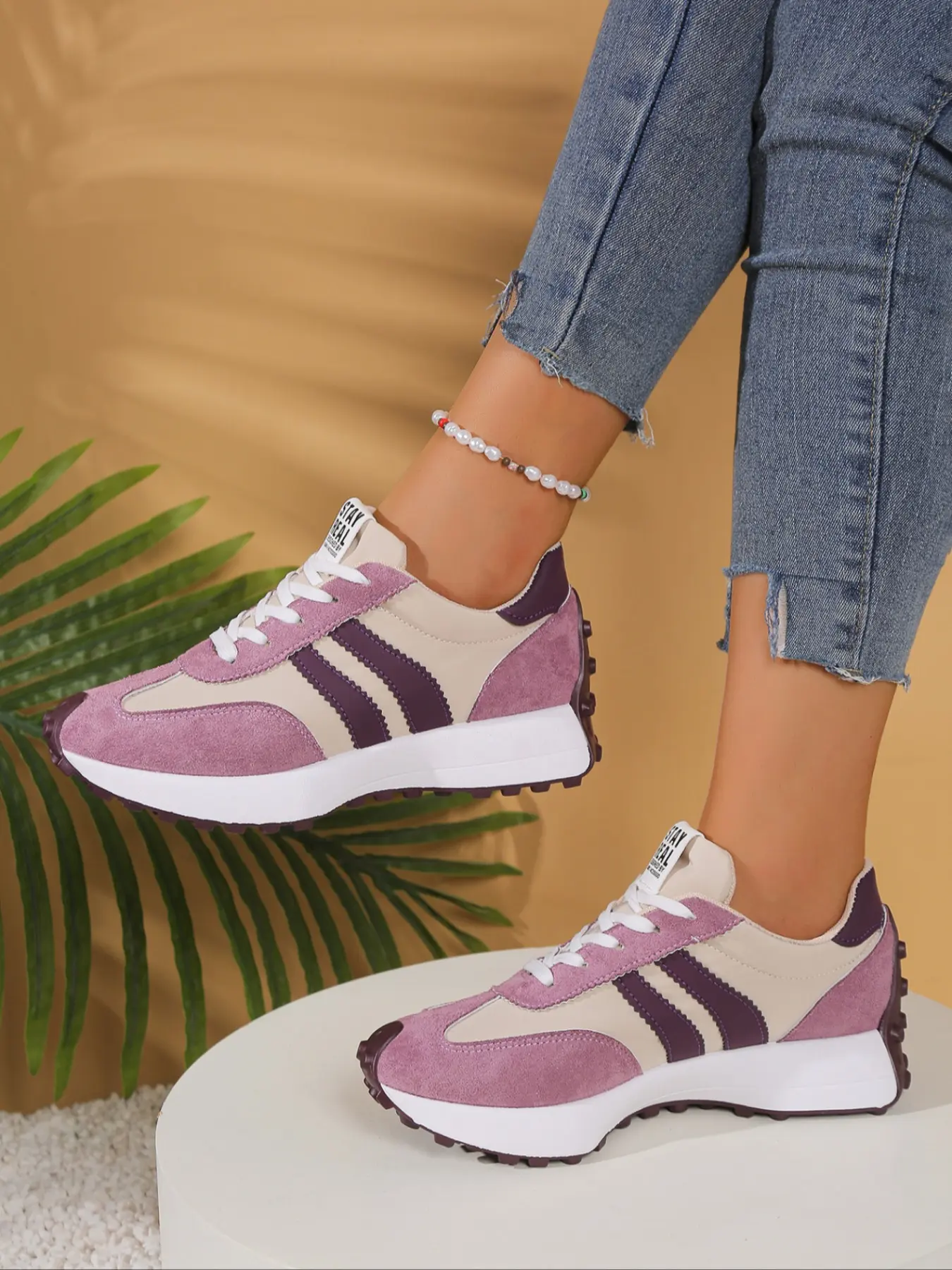 Spring & Fall Women's Sporty Patchwork Design Sneakers, Fashion Walking Sneakers, Trendy Walking Sneakers, Breathable PU Leather Casual Shoes, Fashionable Thick Sole Athletic Footwear, Thick Soled Sneakers for All Seasons