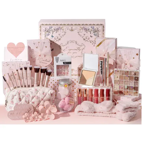 MAYICIVO Floral Cosmetic Mini Gift Set - 10 Individually Wrapped Items (Eyeshadow, Eyeliner, Lip Gloss, Makeup Brushes, 24 Press-On Nails) with Positive Affirmation Cards, Empowering Challenges, Festive Party Gift Basket for Teen Girls (Girly Girl Stuff),