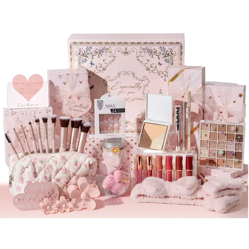 MAYICIVO Floral Cosmetic Mini Gift Set - 10 Individually Wrapped Items (Eyeshadow, Eyeliner, Lip Gloss, Makeup Brushes, 24 Press-On Nails) with Positive Affirmation Cards, Empowering Challenges, Festive Party Gift Basket for Teen Girls (Girly Girl Stuff),