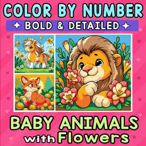 Color By Number Bold & Detailed Baby Animals with Flowers: Relax and Unwind with Cute Little Creatures Surrounded by Blooms