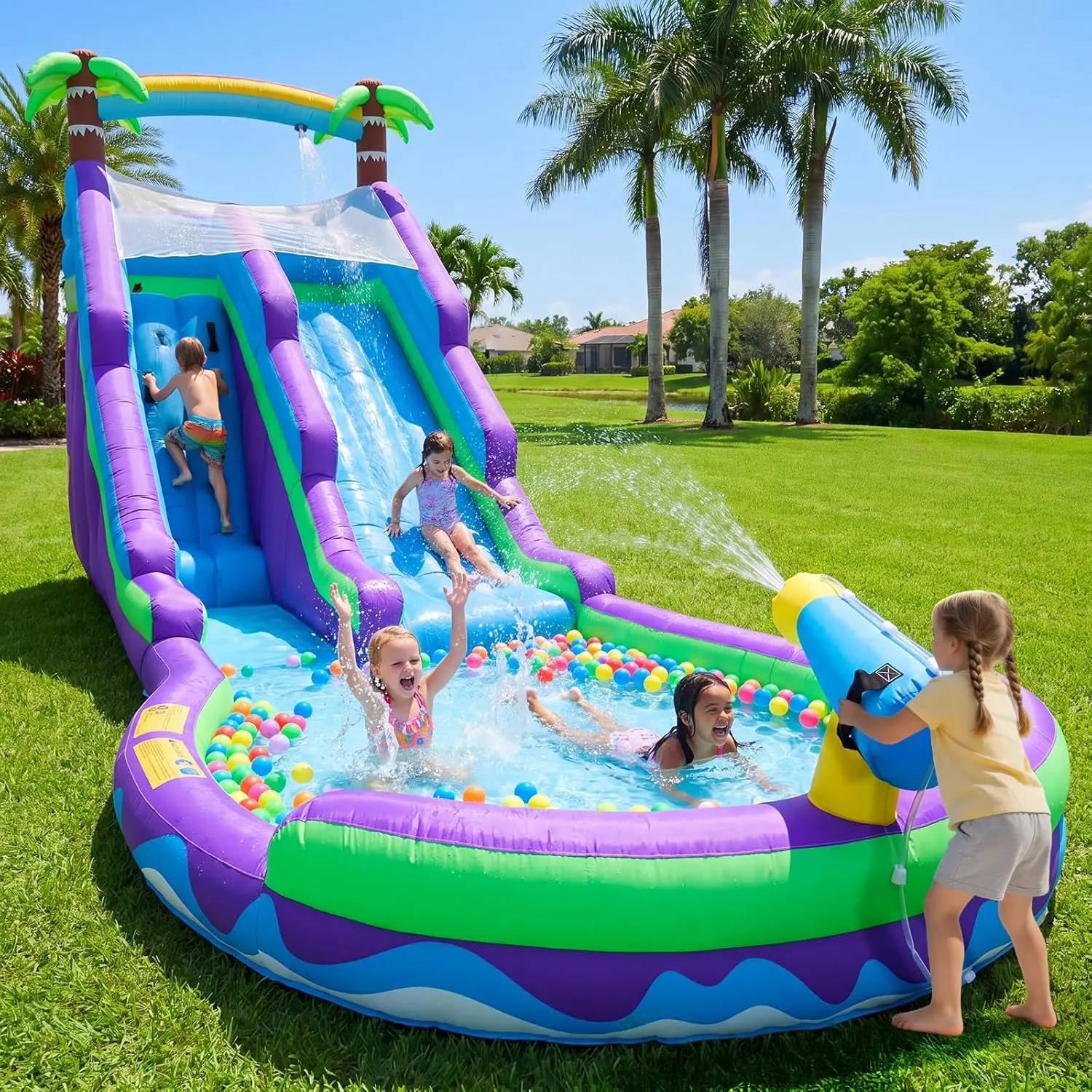 Inflatable Water Slide for Kids Large Bounce House Commercial Water Slide with 650W Blower Wet Dry Combo Durable Giant Waterslides Splash Water Pool for Outdoor Backyard Parties Beach (Purple)
