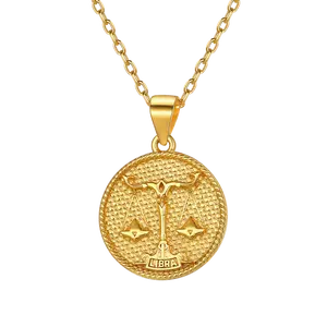 Suplight Zodiac Coin Pendant Necklace - Libra (9.23-10.23), 18" Textured Chain + 5cm Extension - Gold