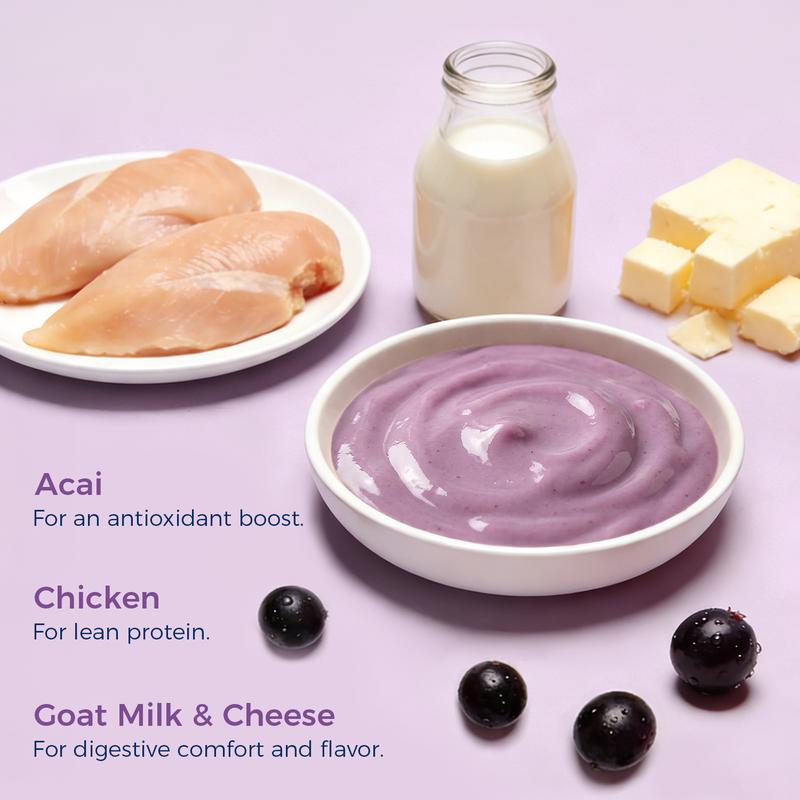 Pawbio Acai Superfood Mousse for Pets Digestive Support Goat Cheese Flavor 12 Cups for Dogs & Cats Irresistibly Tasty with Real Goat Cheese & Açaí Berry