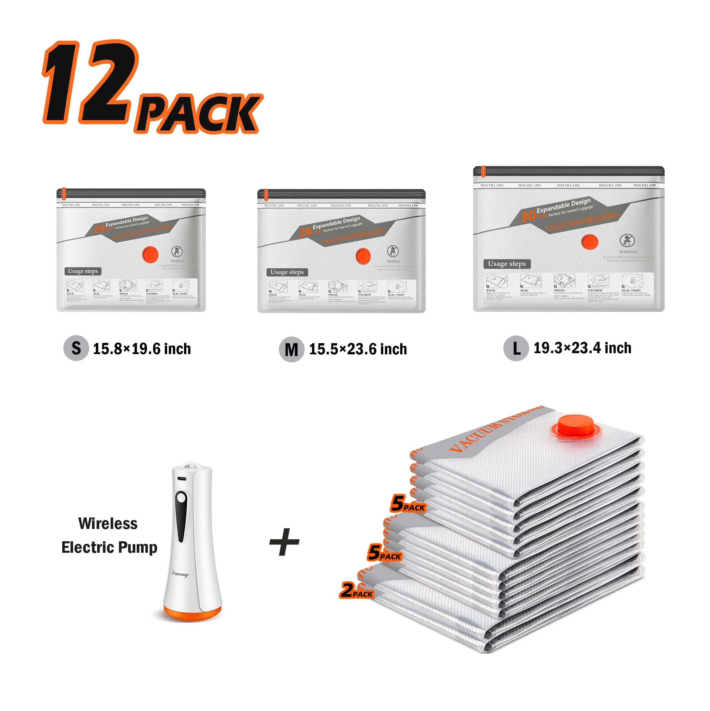 Home & Living Vacuum Compression Storage Bags with USB Rechargeable Electric Pump,12 pack- Ultra Compact Lightweight Space Savers for Clothing & Travel Essentials Zipper Pouches Outdoor Packing System Hand Organizer Holiday Variety Pack