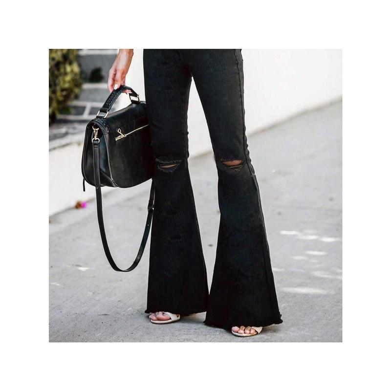 Women's Black Raw Hem Fringe Flare Jeans - Wide-Leg Distressed Bell-Bottom Denim Pants with Button Closure, Boho-Chic Fringe Hem & All-Season Wear for Casual & Formal Outfits (Machine Washable) - Boho Western Style