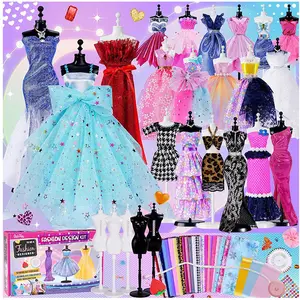 Fashion Design Kit for Kids DIY Doll Clothes Sewing Set with Mini Mannequins Tulle Sequin Fabric Creative Craft Gift for Girls Ages 6+