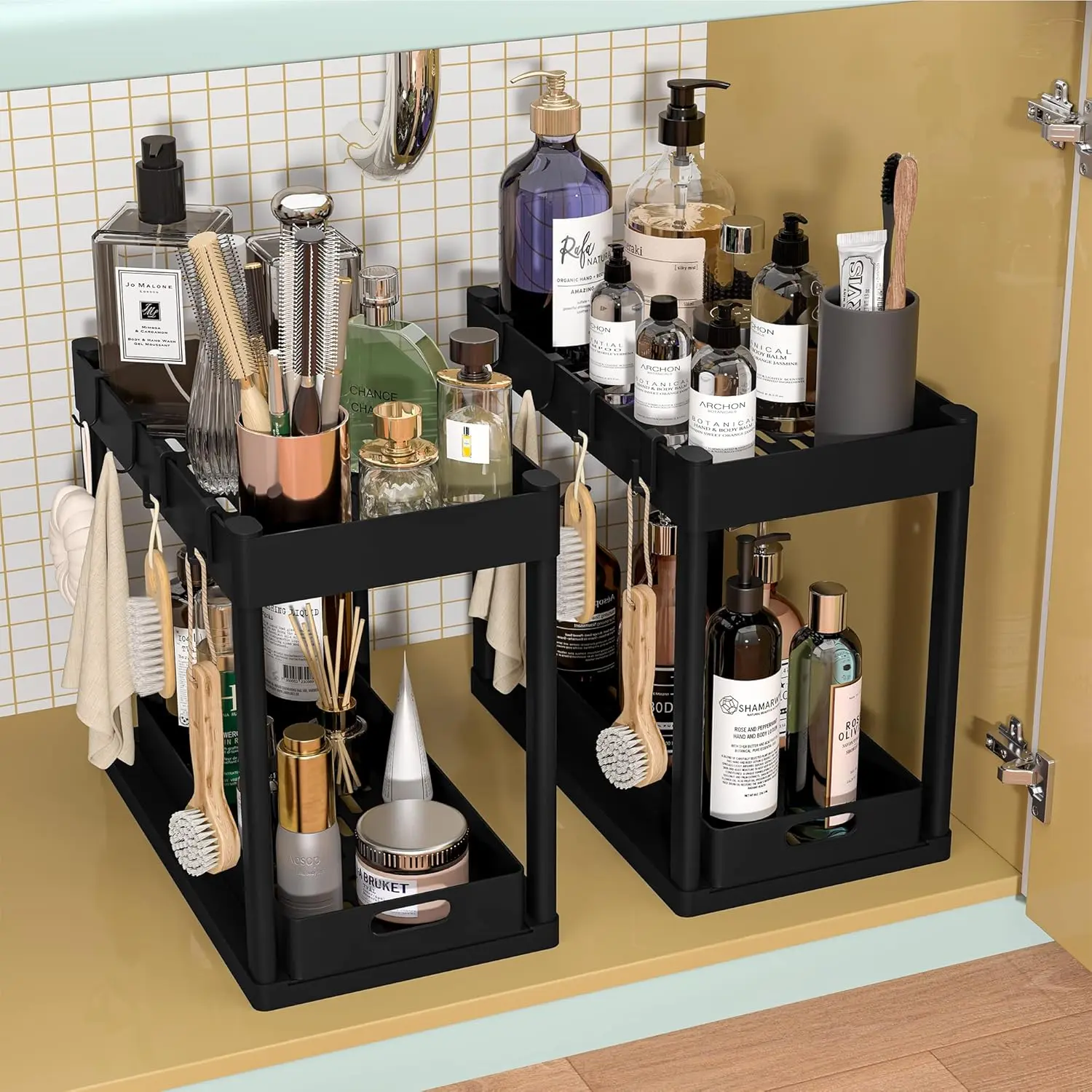 Under Sink Organizer 2 Pack, Bathroom Cabinet Organizer, 2 Tier Sliding Cabinet Basket Organizer Drawer, Multi-Purpose Bath Collection Baskets for Bathroom
