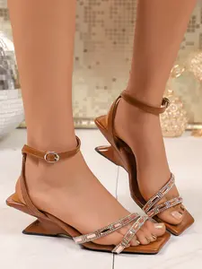 Women's Rhinestone Square Toe Sandals, Buckle Strap Asymmetrical Heel, Summer Party Fashion, Versatile High Heeled Shoes