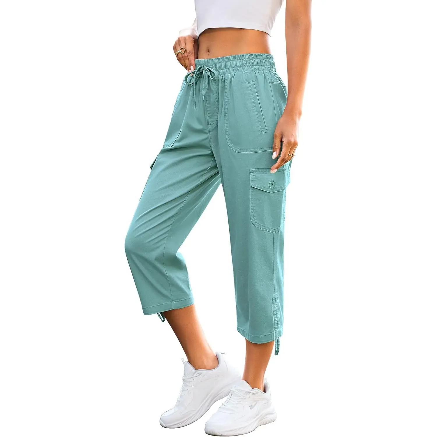 Women's Sporty Chic Cotton-Spandex Cargo Capri Pants - Elastic, Lightweight, Comfortable, 6 Pockets, Adjustable Hem for Outdoor Athletic Activities, Bottom