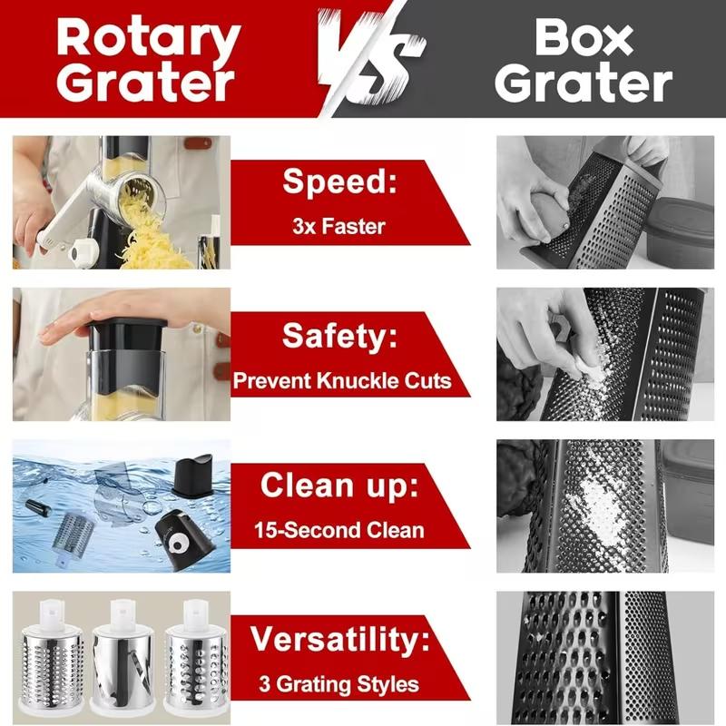 Rotary Cheese Grater Hand Crank Transparent - Shredder Slicer Grinder 3 Stainless Steel Blades, Stable Suction, Labor-Saving Handle, Safe Kitchen Tool for Cheese, Vegetable, Nuts, Chocolate