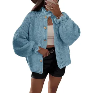 Lannew Womens Ruffle Cardigan Oversized Button Up Fall Trendy Ribbed Knit Open Front Long Sleeve Loose Cute Sweater