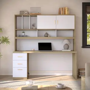 ModernMate Computer Desk with Hutch and Drawers, 72.8'' Executive Office Desk with Storage, 1.18" Desktop, Privacy Panel, All-in-One Study Writing Desk with Power Outlet for Home Study, Light Walnut Multi Purpose Desk Laptop Desk