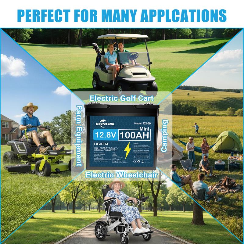KUNLUN 12V 100Ah LiFePO4 Battery Model 12100 with 100A Smart BMS 5000+ Cycles 1280Wh Energy for RV Marine Trolling Motors Off-Grid UPS Solar Camping E-Wheelchair Maintenance-Free Rechargeable Portable Power Station