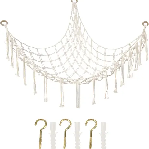 60in Large Soft Cotton Net Square Stuffed Animal Storage Hammock - Handmade Macrame Room Organization Product, Durable Eco-Friendly Playroom Kidsroom Organizer, Boho Wall Decor Plush Toy Holder for Home Nursery (10min Wall Hang, Creative and Fun for Kids)
