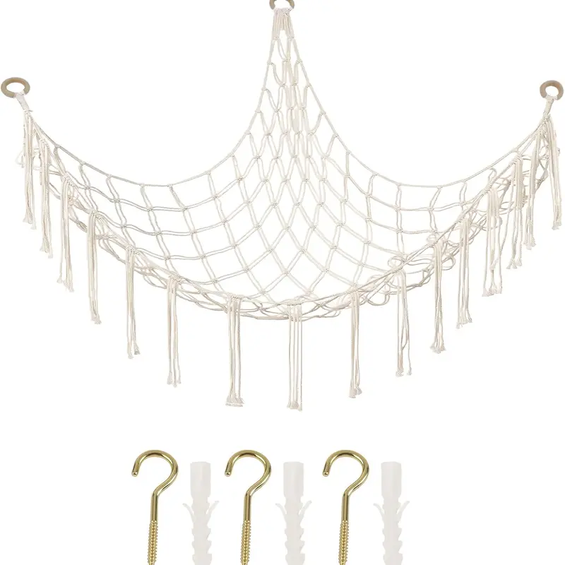 60in Large Soft Cotton Net Square Stuffed Animal Storage Hammock - Handmade Macrame Room Organization Product, Durable Eco-Friendly Playroom Kidsroom Organizer, Boho Wall Decor Plush Toy Holder for Home Nursery (10min Wall Hang, Creative and Fun for Kids)