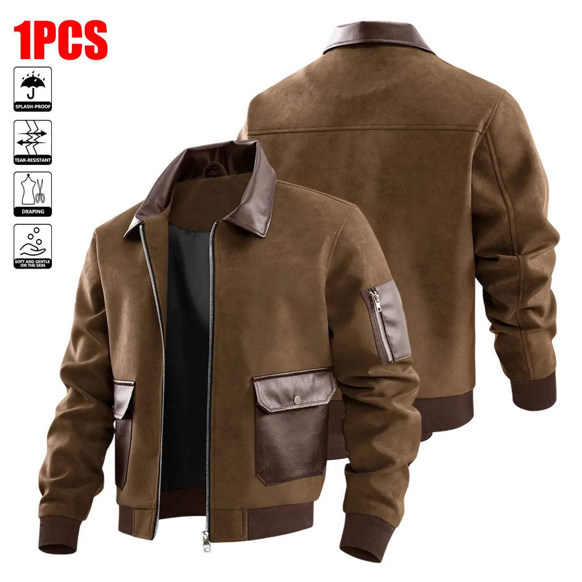 Men'S Casual Jacket, Flight Jacket, Zip Closure with Lapel Design, Lightweight Business-Style Windbreaker, Machine Washable, Suitable for Daily Life, Work Travel, Outdoor Leisure, And Formal Wear - Spring/Autumn/Winter.