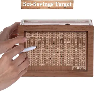 $10000 Savings Challenge Box Large Wooden Money Saving Box with Counter and Dry Erase Pen, Kakeibo Cash Vault Piggy Bank for Adults Kids, Reusable Wooden Cash Coin Bank for Saving Money Goals, Brown