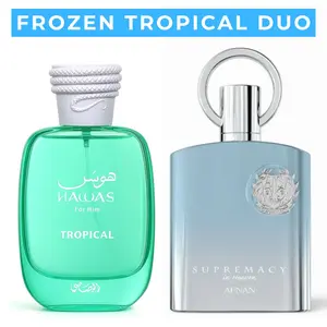 (Combo) Afnan Supremacy In Heaven & Rasasi Hawas Tropical Men's Fragrance Duo Set - Long Lasting 100ml (3.4oz) EDP, Refreshing Icy Tea & Sweet Tropical Fruits, Beast Mode Performance, Authentic Premium Cologne Bundle Pack
