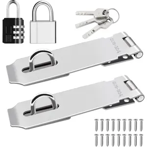 2 Pack Door Hasp Latch Lock with Combination Lock& Lock, 5 Inch 304 Stainless Steel Safety Packlock Clasp Hasp Lock Latch Extra Thick Gate Lock Hasp with Screws Brushed Finish