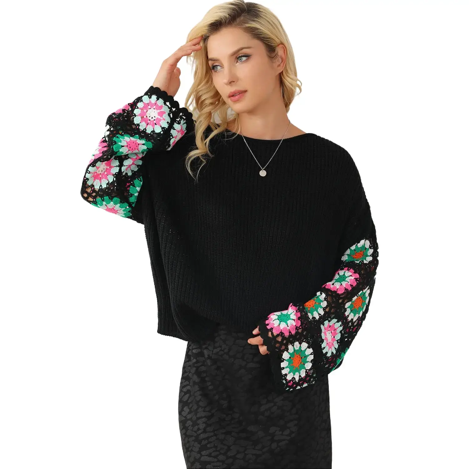 Black Floral Crochet Bell Sleeve Loose Sweater