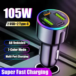 105w Car Charger Fast Charging Dual Pd30w Power Adapter, Seven Color Atmosphere Light 4-In-1 Car Charger Type C Charging USB Qc3.0 for iPhone Samsung Vivo Oppo Oneplus