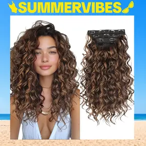 SummerVibes AISI HAIR 4PCS 16 inch Clip-in Curly Hair Extensions Natural Lace Weft Tangle-Free Fiber Secure Fit for Women's Everyday & Special Occasion Use Wavy Synthetic Hair Soft Synthetic Hair