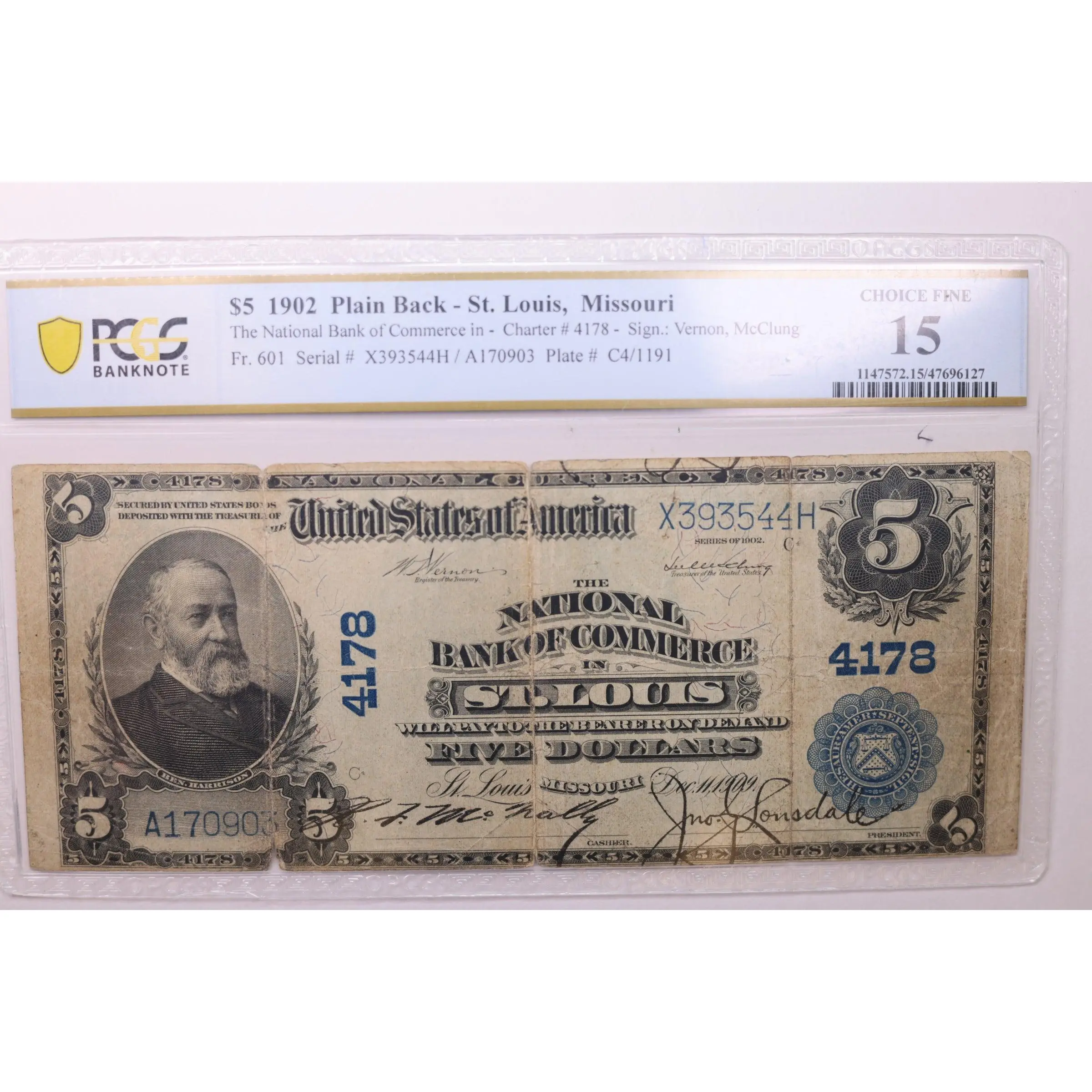 1902 $5 Plain Back, St. Louis, MO, CH# 4178, PCGS Fine-15, Store #NBN036.