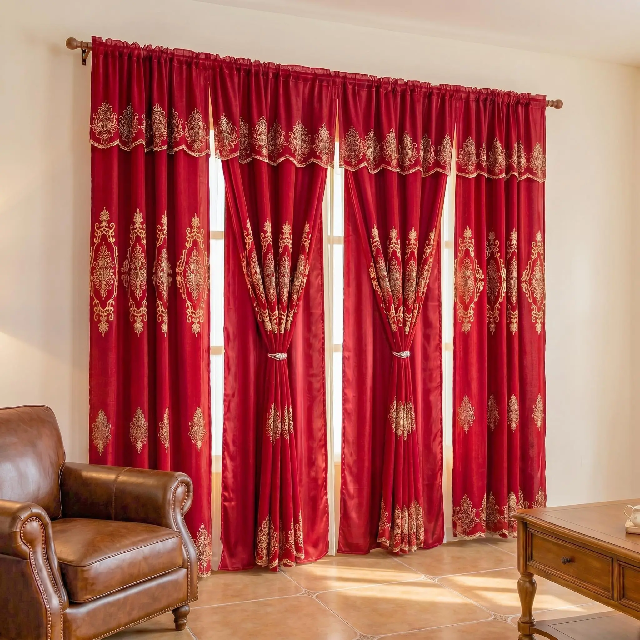 Luxury Double Layer Damask Embroidery Window Curtains - 4-Panel 52x84in Satin-Like Snow Voile Valance Curtains for Elegant Bedroom Home Decor QF01, Window Curtains Bedroom