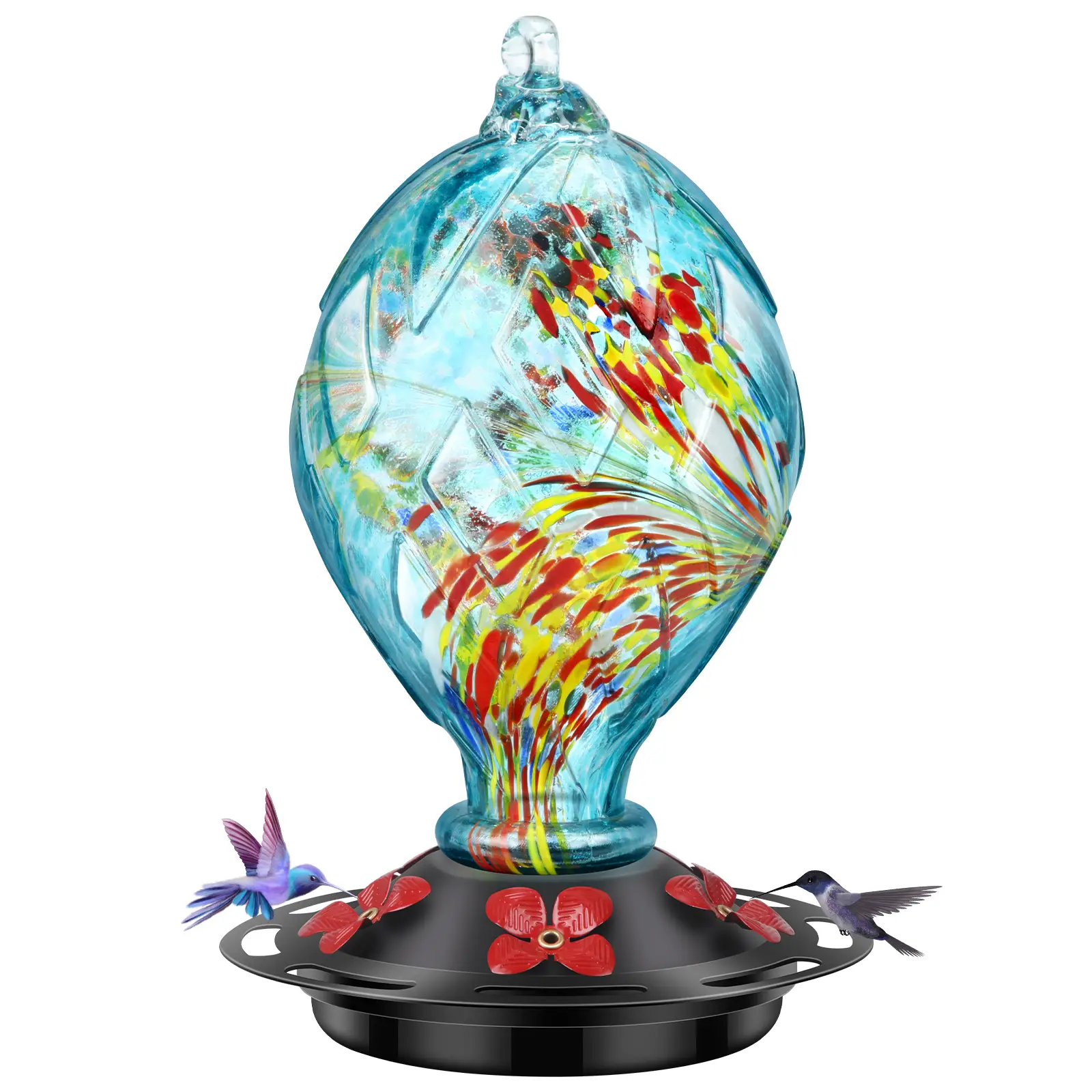 Hummingbird Feeder with 5 Perches, Hand Blown Glass Hummingbird Feeders for Outdoors Hanging, 30 Fuild Oz with Ant and Bee Proof, Garden Backyard Deco