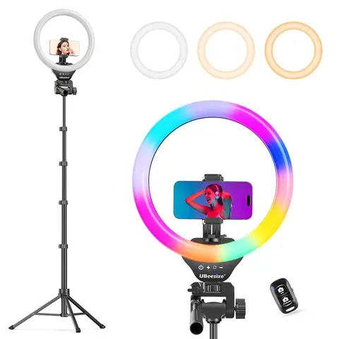UBeesize 12'' Colorful RGB Selfie Ring Light - 62'' Extendable Tripod Stand, Adjustable Stick, Bluetooth Remote, Cable, Handheld-Landscape Modes, Hands Free Mobile/Cellphone Accessories for Content Creators (Smartphone, Camera, Webcam Compatible)
