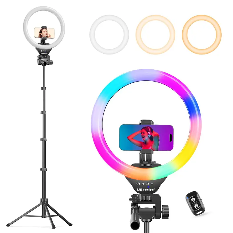 UBeesize 12'' Colorful RGB Selfie Ring Light - 62'' Extendable Tripod Stand, Adjustable Stick, Bluetooth Remote, Cable, Handheld-Landscape Modes, Hands Free Mobile/Cellphone Accessories for Content Creators (Smartphone, Camera, Webcam Compatible)
