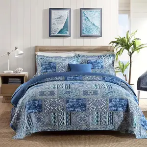 Set of 3 Blue Bohemian Bedspreads, Cotton Reversible Rustic Patchwork Bedding Coverlet, Boho Cotton Quilt Set for All Seasons