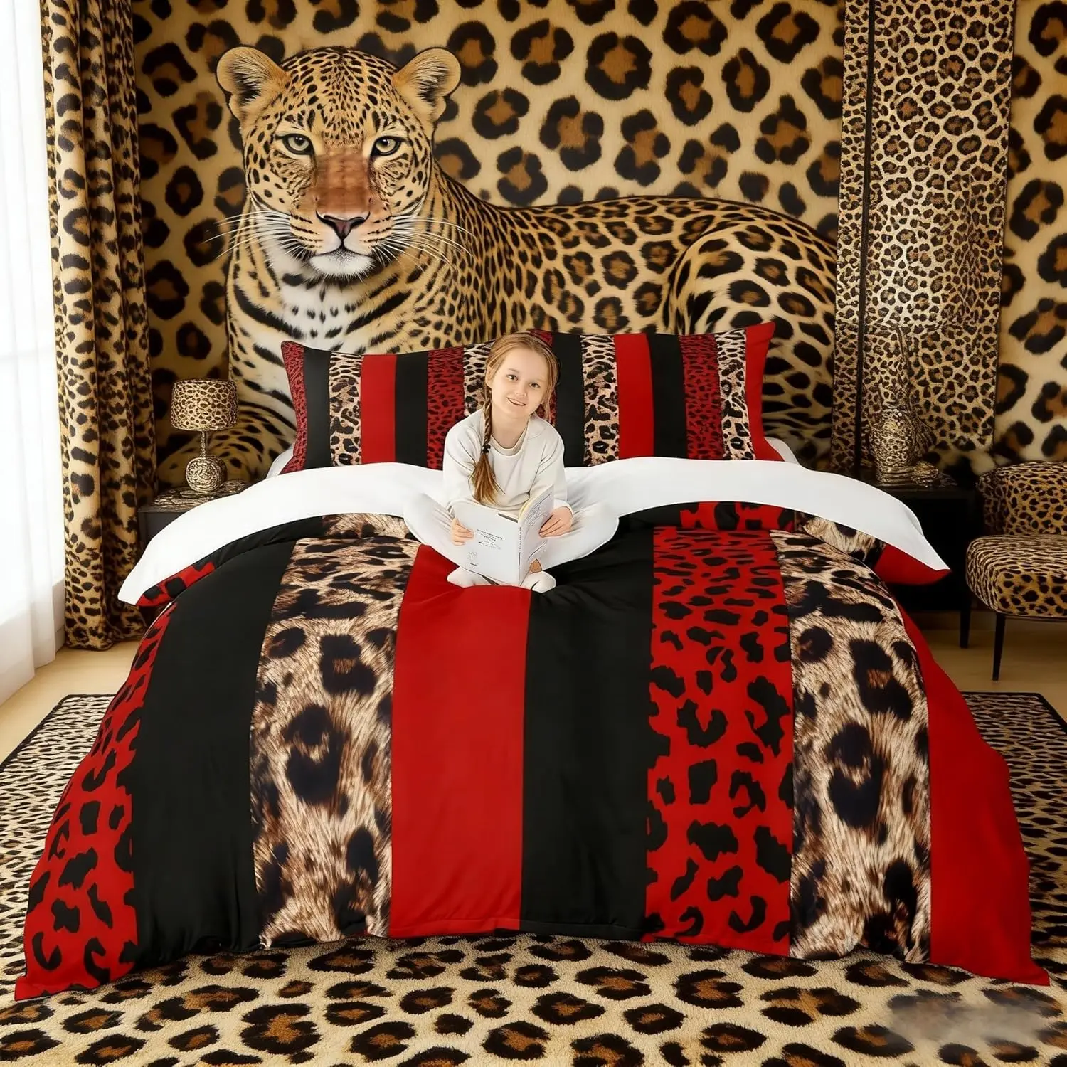 Feelyou Decorative Duvet Cover Set - Leopard Print, Cheetah-Inspired, Vibrant Red-Black-Brown Geometric Stripe Patchwork, Polyester Fiber, Tie, Glam, Machine Washable, Multi-Size Sets for Adults' Room Decor