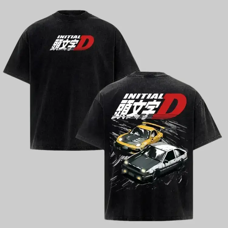 Washed Vintage Short Sleeve T-shirt Anime Initial D Drift AE86 Racing Car T Shirt Takumi Fujiwara R34 Skyline GTR JDM T-shirts, Hot Trend Shirt, perfect gift for all,Christmas Inspired graphic tees men gifts dailywear Menswear Top Distressed