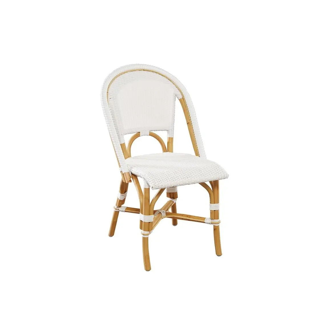 Aspen Brands Commercial Grade Classic Rattan French Bistro Chair - White Finish, Sturdy, Woven Texture, Comfortable Width, Wipe Clean, Indoor/Outdoor All Seasons, Stackable Up to 6 Units, for Commercial Use Restaurants, Sidewalk Cafés