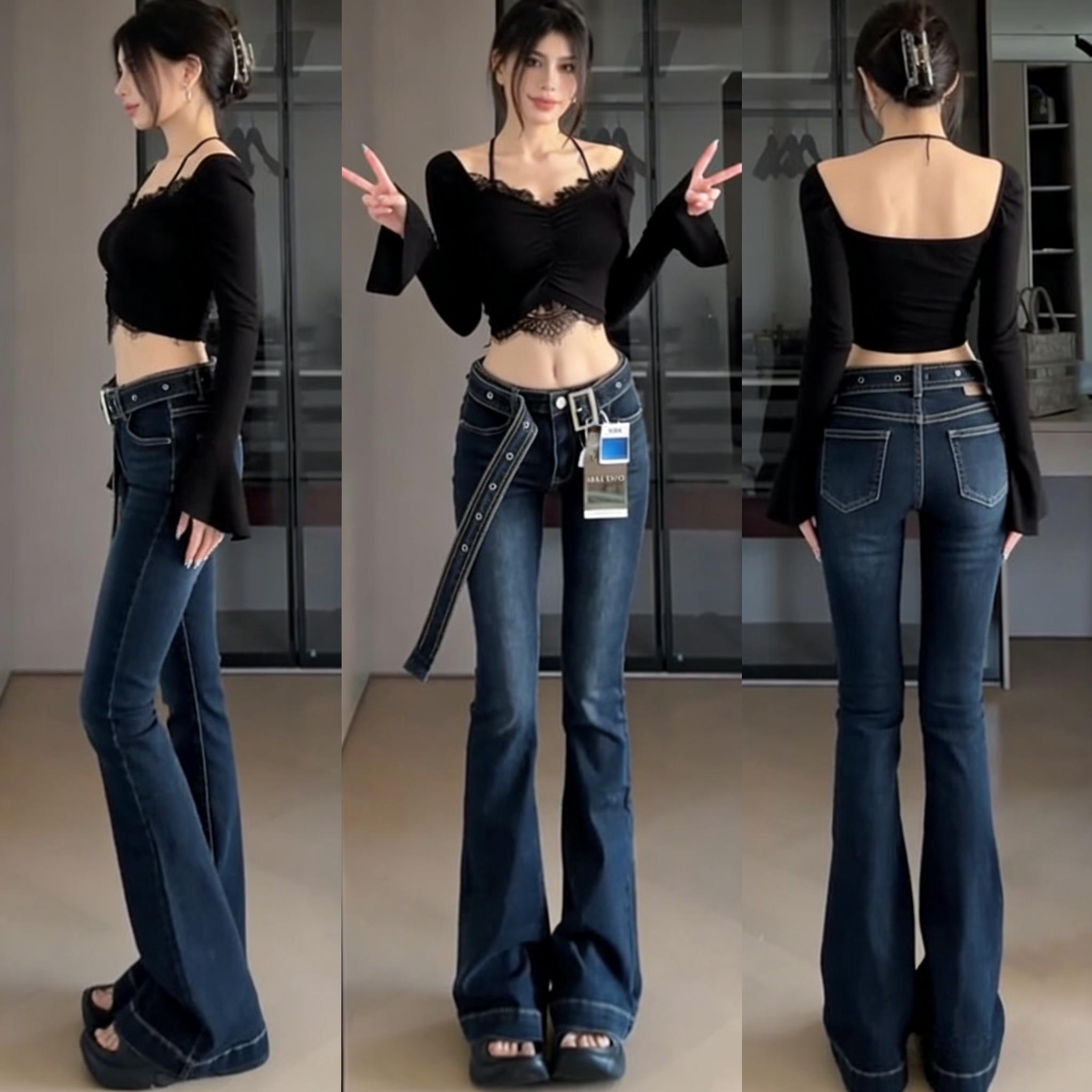 Dark Wash High Waisted Flare Jeans for Women, Vintage Y2K Bootcut Denim Pants, Slim Fit Stretchy Bell Bottom Trousers, Retro 70s Casual Streetwear, Classic All-Match Fashion Bottoms