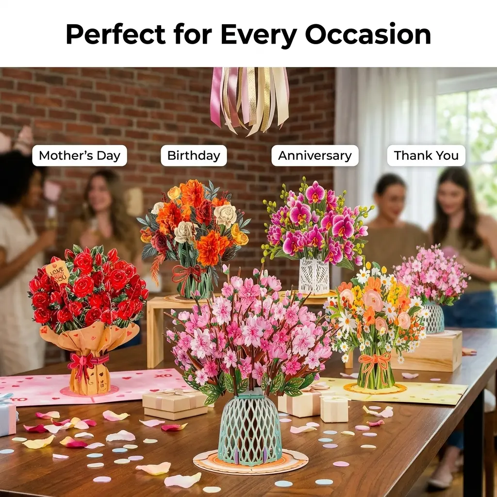 3Pcs 3D Pop Up Flower Bouquet Greeting Card 3Pcs Handmade Paper Flower Card for Father's Day, Birthday, Anniversary, Valentine's Day