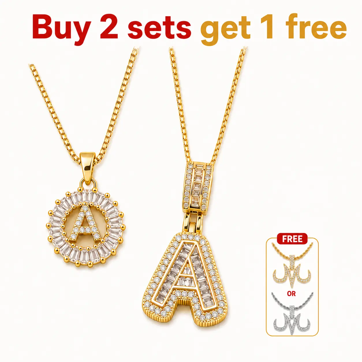 Buy 2 Get 1 FREE! 2 A-Z Initial Necklace Sets + 1 Random JMJ Horn Chain Gift, Iced Out Personalized Jewelry for Women Men, Birthday Anniversary Christmas Valentine Party Gift