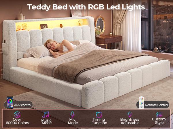 ADORNEVE King Size Bed Frame with Upholstered Boucle Headboard, Customizable LED Lighting, Charging Station, Soft Foam Padding, Rounded Corners - Ideal for Bedroom Decor, Functional Home Use,dorm essentials,home decor