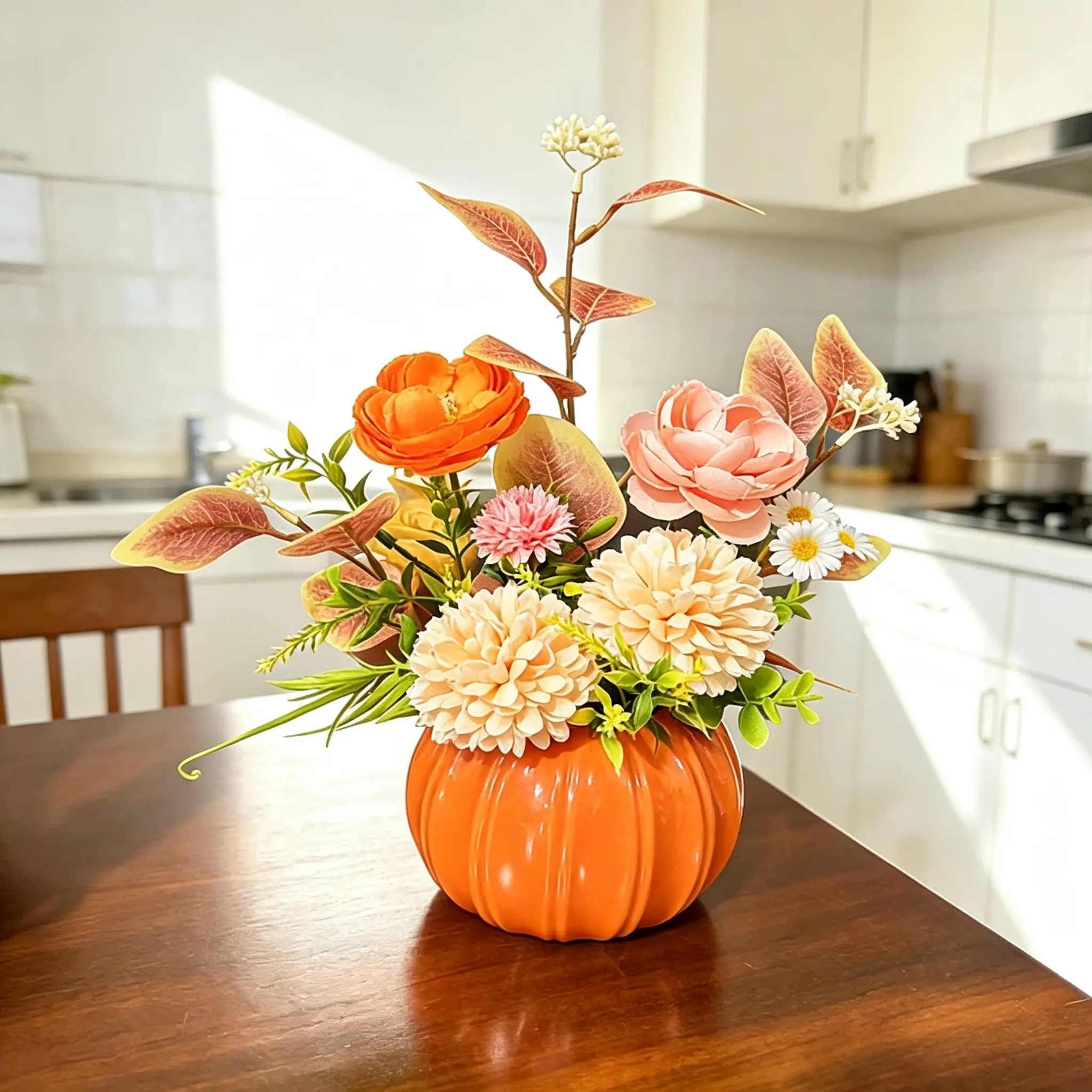 Luxury Pumpkin Vase Artificial Flower Arrangement, Fall Eucalyptus Fake Floral Centerpiece for Dining Table Living Room Home Decor