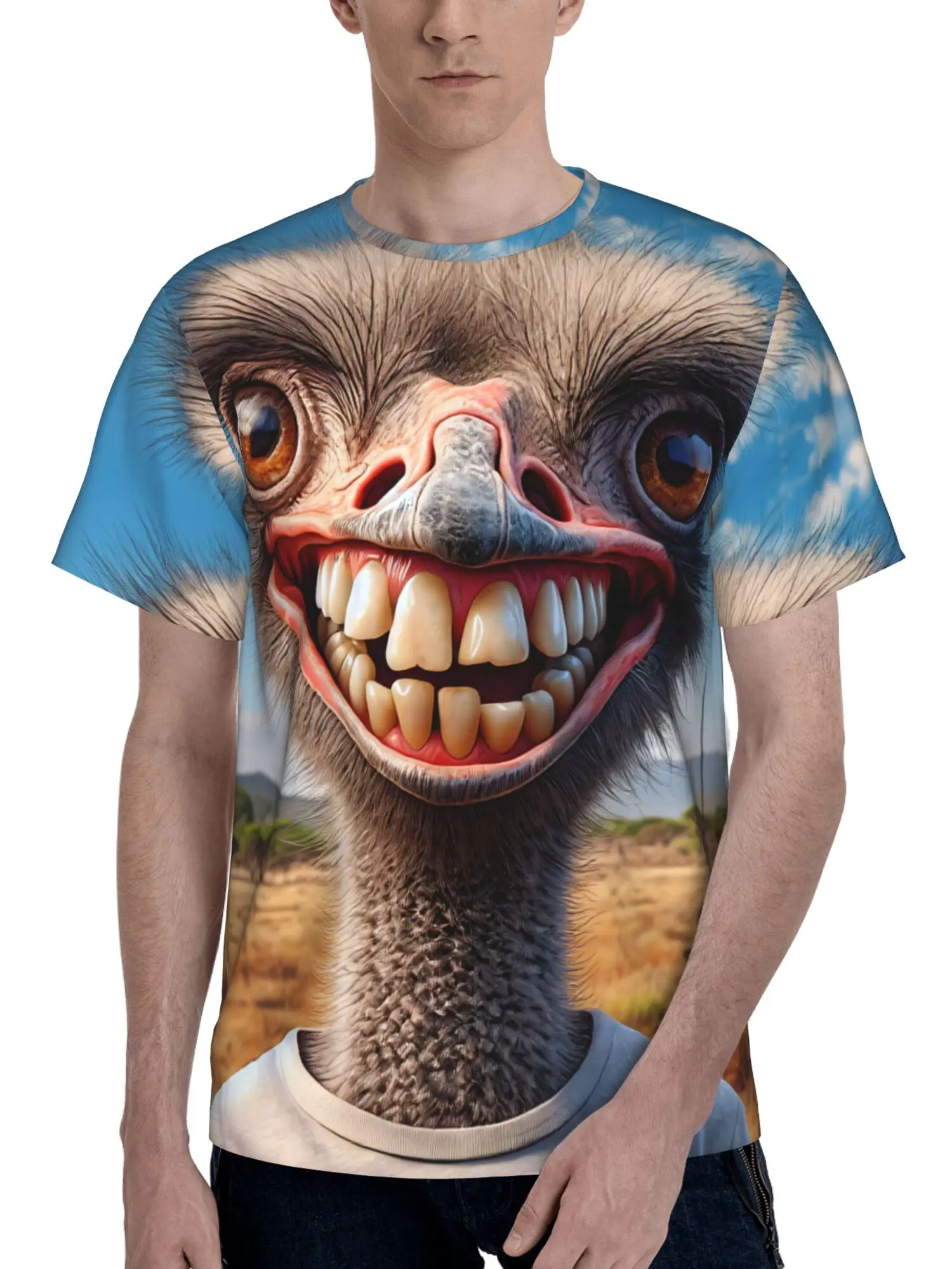 Men's 3D Printed Ostrich & Surreal Human-Smile T-Shirt - Lightweight Breathable Polyester Crewneck Tee with Ostrich Design, Funny Novelty Gift Suitable for Casual Wear, Outdoor Adventures, Year-Round (S-3XL)