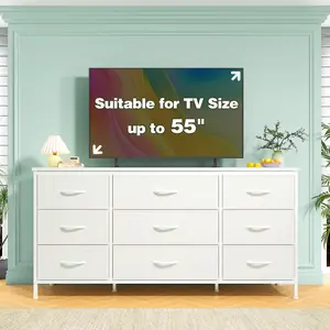 Raybee Furniture 9-Drawer Wooden Adjustable TV Stand - Sturdy Stable Metal Frame, Waterproof Fabric-Wood Top Media Console, TV Cabinet Table for Bedroom, Nursery